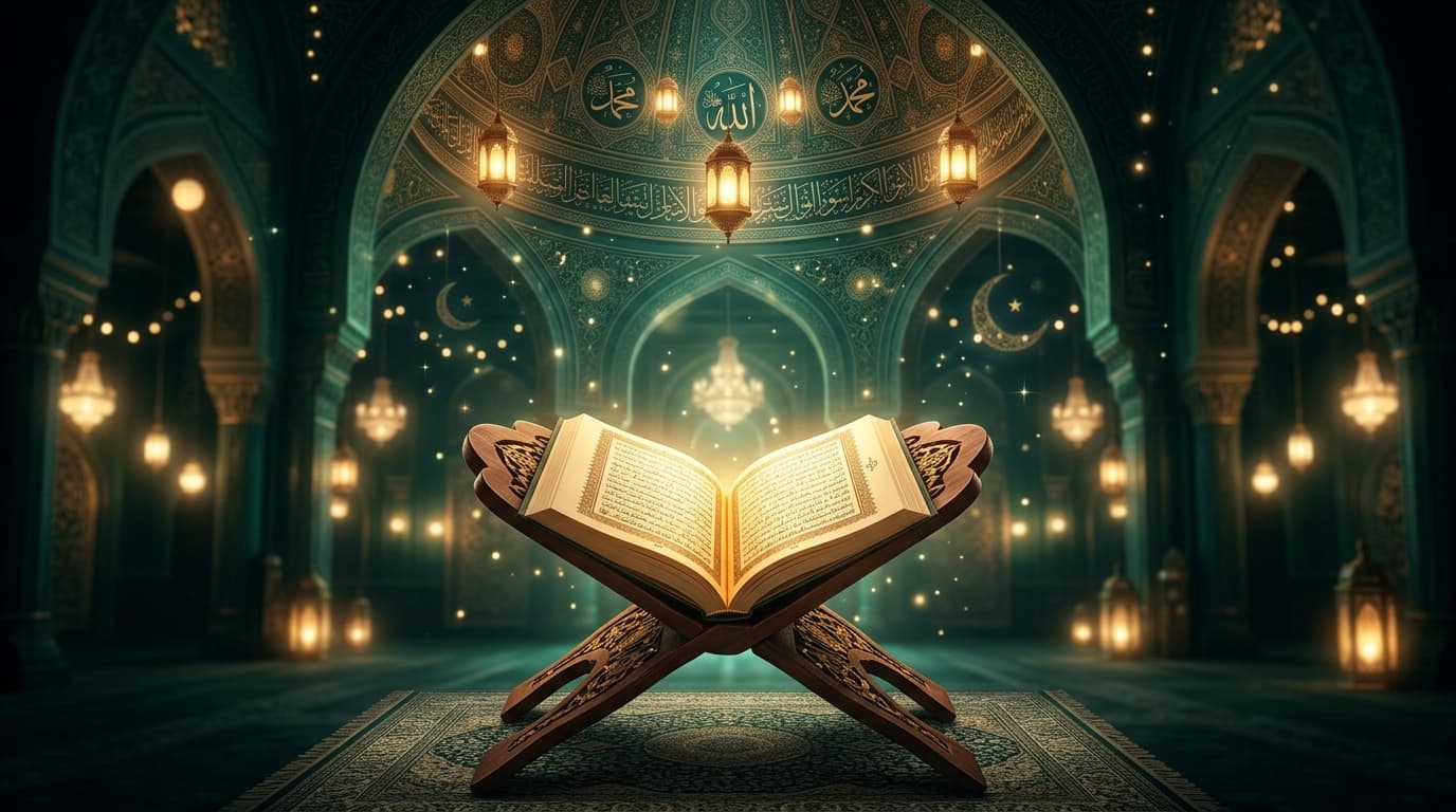 Serene Islamic Study desk featuring open classical Quran book on standard wooden rehal carrier shelf